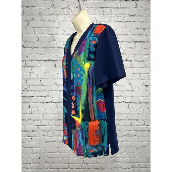 VTG CM Shapes Floral Colorful Button Shoulder Pad Short Sleeve Tunic Blouse M - Picture 9 of 9